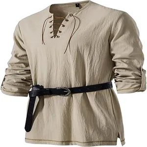 Close-up of beige linen Henley shirt with lace-up collar and black belt detail