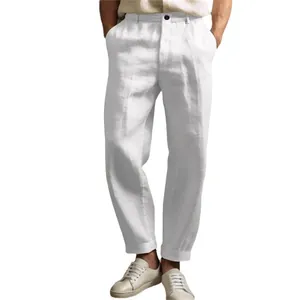 Men's breathable white linen straight-leg casual trousers for daily wear
