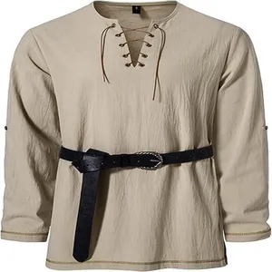 Close-up detail of men's long-sleeved khaki Henley shirt with lace-up neck and belt