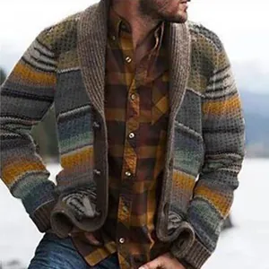 Detailed macro view of a men's knitted cardigan with striped gradient pattern outdoors.
