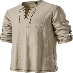 Detailed view of khaki men's Henley shirt with lace-up neckline and slub texture