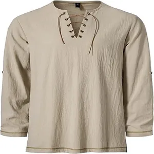 Detailed view of men's casual khaki linen Henley shirt featuring lace-up v-neck collar design