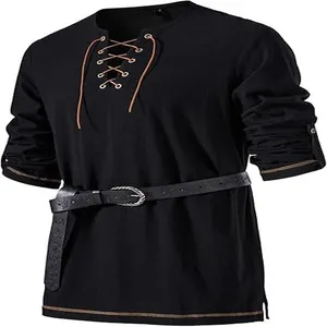 Detailed view of a black men's hippie Henley shirt featuring a lace-up neck and waist belt