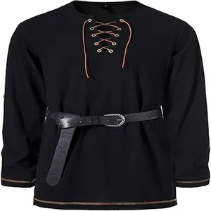 Close-up of a black medieval-style Henley tunic with tan lace-up neck and belt detail.