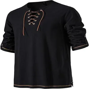 Detailed view of men's black hippie Henley shirt with lace-up collar and roll-up sleeves.