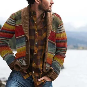 Vintage style men's colorful patterned knit cardigan with brown shawl collar for spring