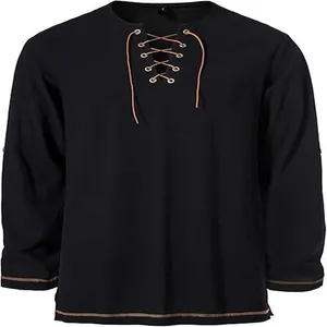 Detailed front view of men's long sleeve black hippie Henry shirt with lace-up collar