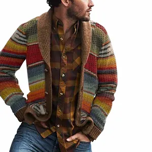 Men's retro colorful printed knit cardigan with shawl collar and comfortable long sleeves