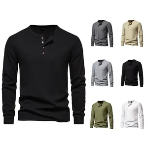 Men's waffle knit long-sleeve Henley shirt with 4-button placket in multiple colors.