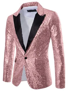 Blazer à paillettes rose doré pour homme avec revers noirs pour spectacles de scène chic