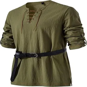 Close-up of olive green lace-up Henley shirt with a black belt accessory