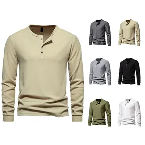 Men's long sleeve waffle knit Henley shirt with four buttons showing color variations