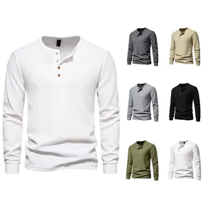 Men's long sleeve waffle Henley T-shirt with 4-button placket in various colors