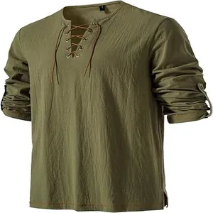 Detail view of army green men's casual lace-up Henley shirt with roll-up long sleeves