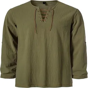 Men's olive green long sleeve lace-up Henley shirt in vintage hippie casual beach style