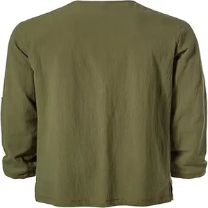 Back view detail of men's olive green long-sleeved cotton linen casual beach shirt