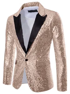 Champagne gold sequined blazer with black lapel for men's gala performance and party
