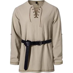 Men Retro Medieval Henley Shirt Lace Up V Neck Long Sleeve Hippie Beach Casual Solid Color Top With Belt