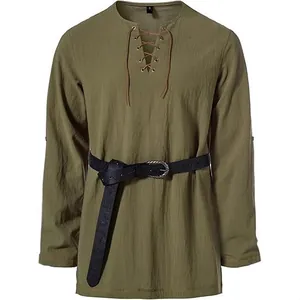 Men's olive green lace-up Henley shirt with long sleeves and black belt