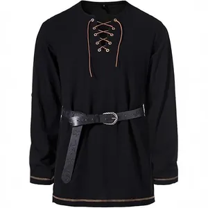 Men's black long sleeve lace-up medieval pirate shirt with belt for casual hippie beach wear.