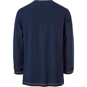 Back view of men's navy blue long sleeve casual hippie beach shirt with stand collar