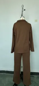 Back view of brown Polo collar pullover and matching wide-leg trousers set for women