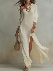 Robe Maxi Plissée en Tricot pour Femmes Élégante Épaule Dénudée Manches Longues Fente Latérale Froncée Polyester Couleur Unie Robe de Soirée