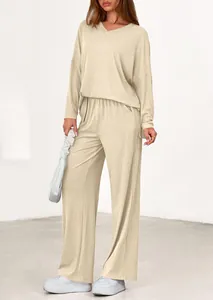 Cozy two-piece lounge set with V-neck long sleeve top and wide leg trousers in beige