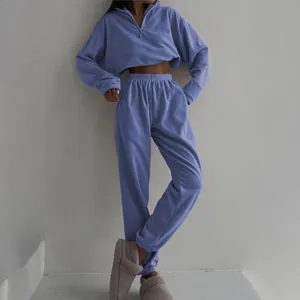 Vue détaillée de l'ensemble de détente pour femmes avec sweat à col zippé et jogging.