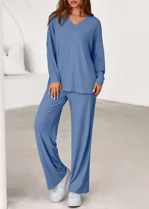 Casual women's blue ribbed two-piece set with V-neck long sleeve top and pants