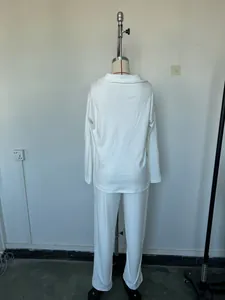 Back view of a white Polo collar sweatshirt and wide-leg trousers lounge set
