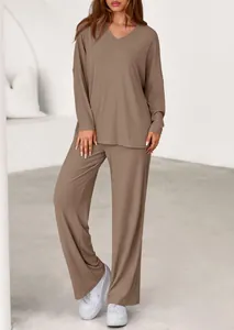 Comfortable brown two-piece lounge set with V-neck long sleeve top and wide-leg pants