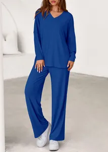 Casual 2-piece electric blue lounge set with long-sleeved V-neck top and wide pants