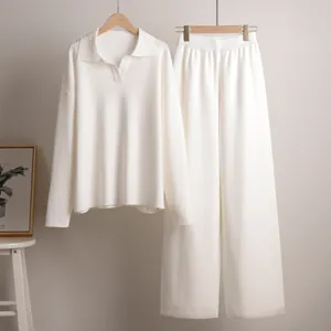 Two-piece knit lounge set with Polo collar top and wide-leg trousers in cream white