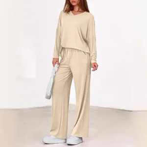 Women Casual Ribbed Knit Top And Bottom Set V-Neck Long Sleeve Loose Top And Wide Leg Pants Solid Color Loungewear Outfits