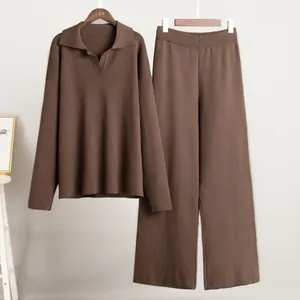 Elegant two-piece brown knit set featuring a Polo collar sweater and matching wide-leg trousers
