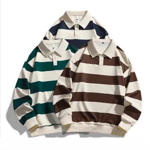Unisex Langarm Gestreiftes Polo Shirt Lockere Passform Double Pique Polyester Top Trendy Casual Gerippte Bündchen Pullover