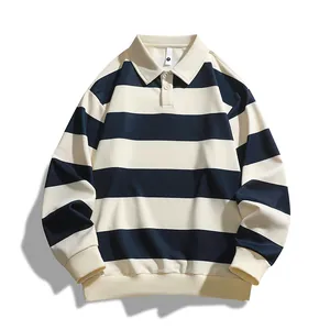 Locker gestreiftes Langarm-Poloshirt in Marineblau und Weiß für Frühling/Herbst