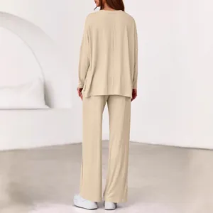 Beige loose casual 2-piece set with long sleeve top and wide leg pants for women