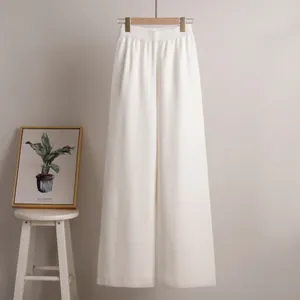 High-waisted white wide-leg knitted pants for women, elegant casual winter trousers