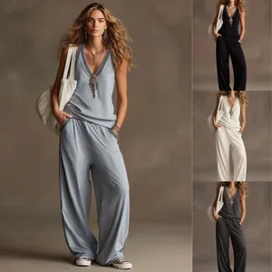 Completo Donna Gilet Senza Maniche con Scollo a V e Pantaloni a Gamba Larga Completo Due Pezzi Casual Ampio Drappo Streetwear