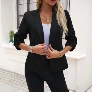 Elegant women's black casual business blazer with lapel and gathered three-quarter sleeves
