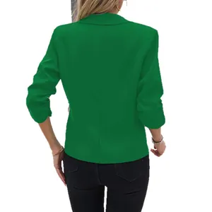 Elegant green women's mid-sleeve blazer with a slim-fit design shown from back view