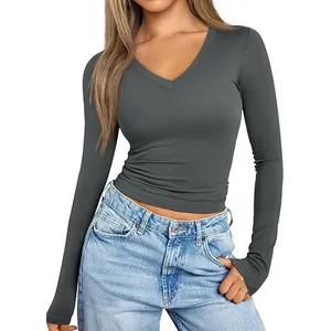Dark grey slim fit V-neck long sleeve T-shirt for women in soft stretch fabric