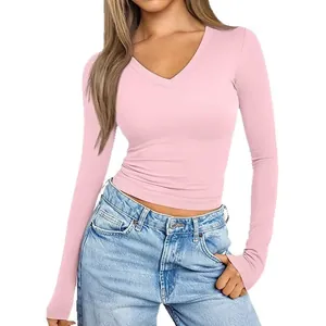 Stylish women's slim fit pink V-neck long sleeve T-shirt made of soft milk silk fabric