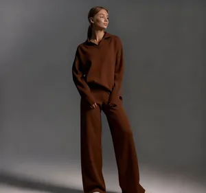 Fashionable coffee brown polo collar sweatshirt and wide-leg trousers two-piece set