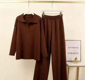 Elegant chocolate brown knit two-piece set featuring Polo collar sweater and wide-leg trousers
