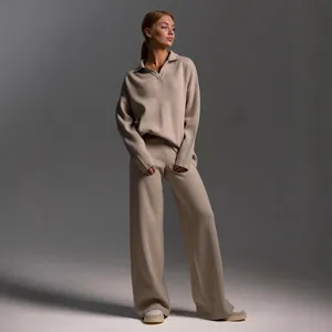 Women's Autumn Winter Polyester Polo Neck Pullover And Wide Leg Pants Top And Bottom Casual Solid Color Patchwork Knit Set
