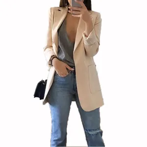 Elegante beige dames blazer met slanke pasvorm en klassieke revers voor de herfstmode