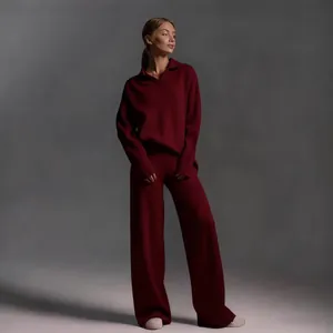 Elegant burgundy two-piece set featuring Polo collar pullover and wide-leg pants